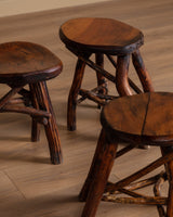 Brutalist Rustic Wood Dining Set w/ 6 Stools, 1960's - Lone Fox