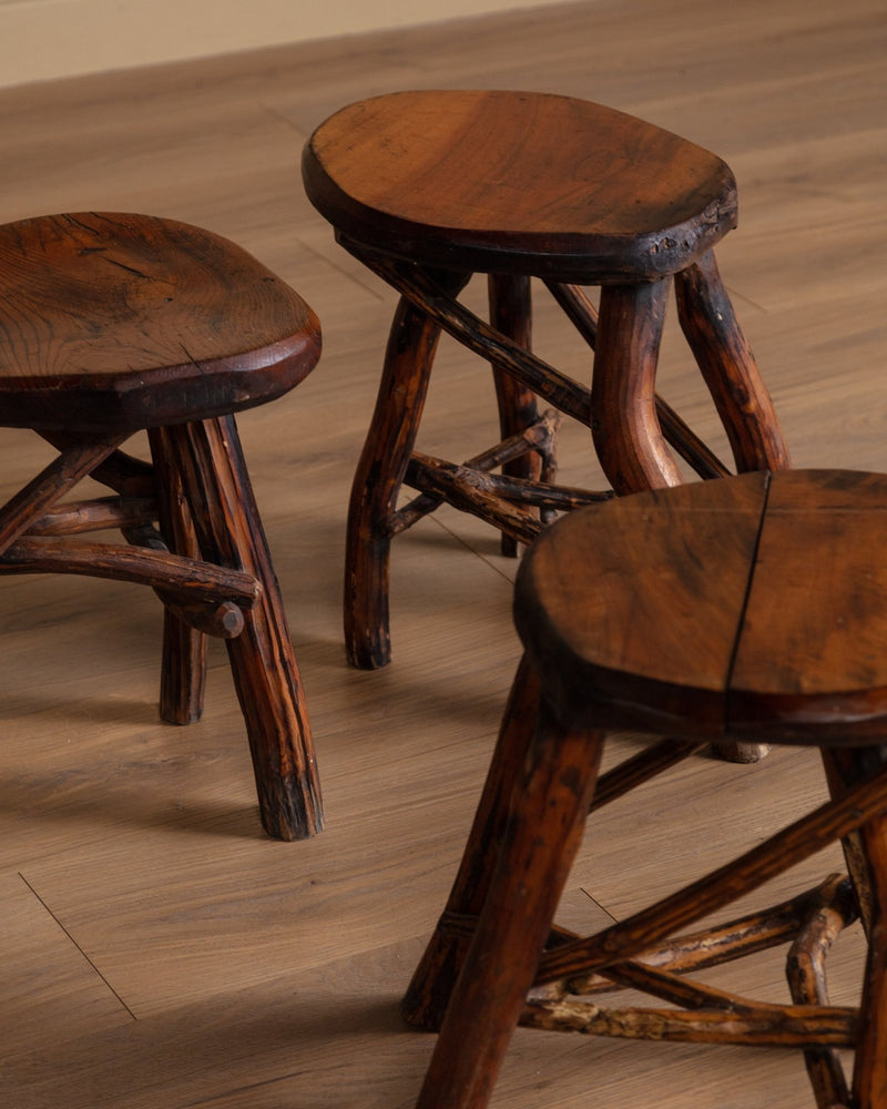 Brutalist Rustic Wood Dining Set w/ 6 Stools, 1960's – Lone Fox