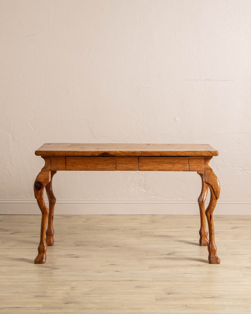 Carved Horse Leg Pine Desk w/ Drawers - Lone Fox