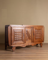Carved Oak Sideboard w/ Crosshatch Motif, France, 1940's - Lone Fox