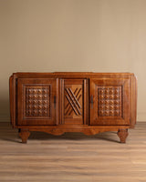 Carved Oak Sideboard w/ Crosshatch Motif, France, 1940's - Lone Fox
