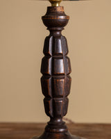 Carved Wood Table Lamp by Charles Dudouyt with Painted Striped Shade, France, 1940s - Lone Fox