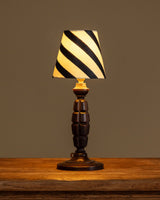 Carved Wood Table Lamp by Charles Dudouyt with Painted Striped Shade, France, 1940s - Lone Fox