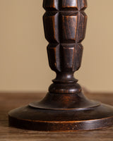 Carved Wood Table Lamp by Charles Dudouyt with Painted Striped Shade, France, 1940s - Lone Fox