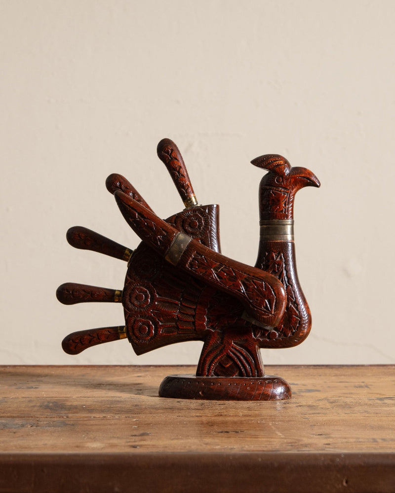 Carved Wooden Figural Turkey Carving Set, 1960's - Lone Fox