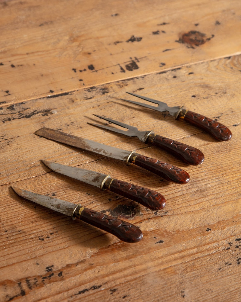Carved Wooden Figural Turkey Carving Set, 1960's - Lone Fox
