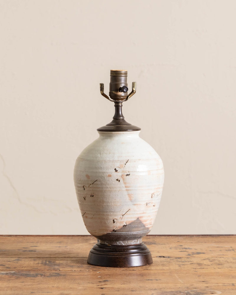 Ceramic Studio Table Lamp with Cranes & Wood Base. - Lone Fox
