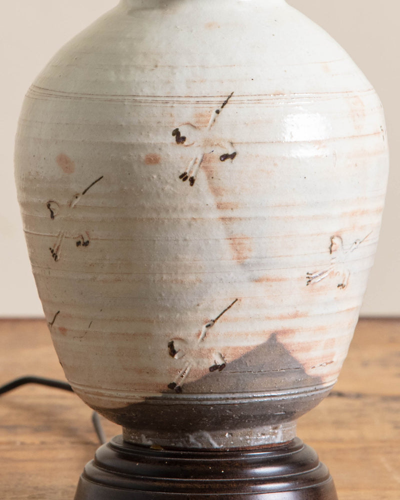 Ceramic Studio Table Lamp with Cranes & Wood Base. - Lone Fox