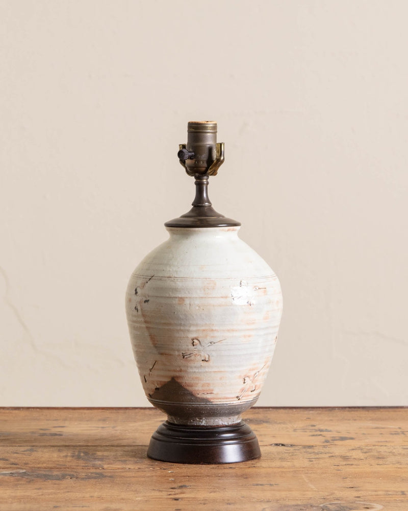Ceramic Studio Table Lamp with Cranes & Wood Base. - Lone Fox