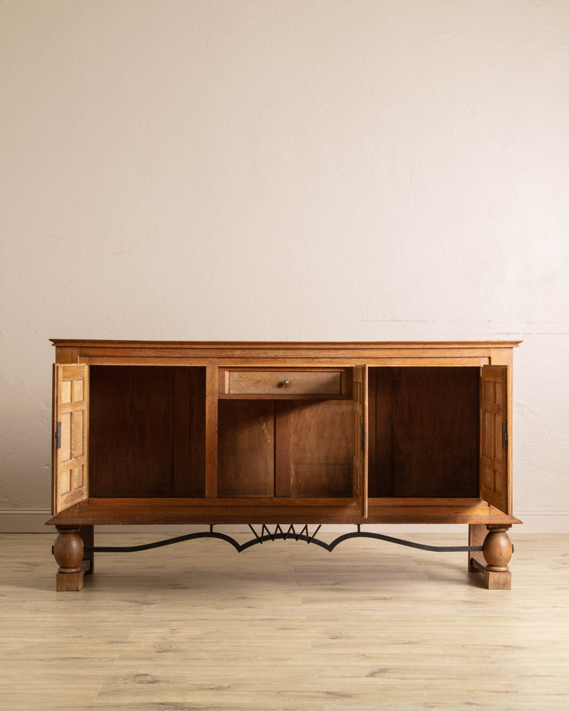 Cerused Oak Crest Sideboard w/ Iron Stretcher, France, 1940's - Lone Fox