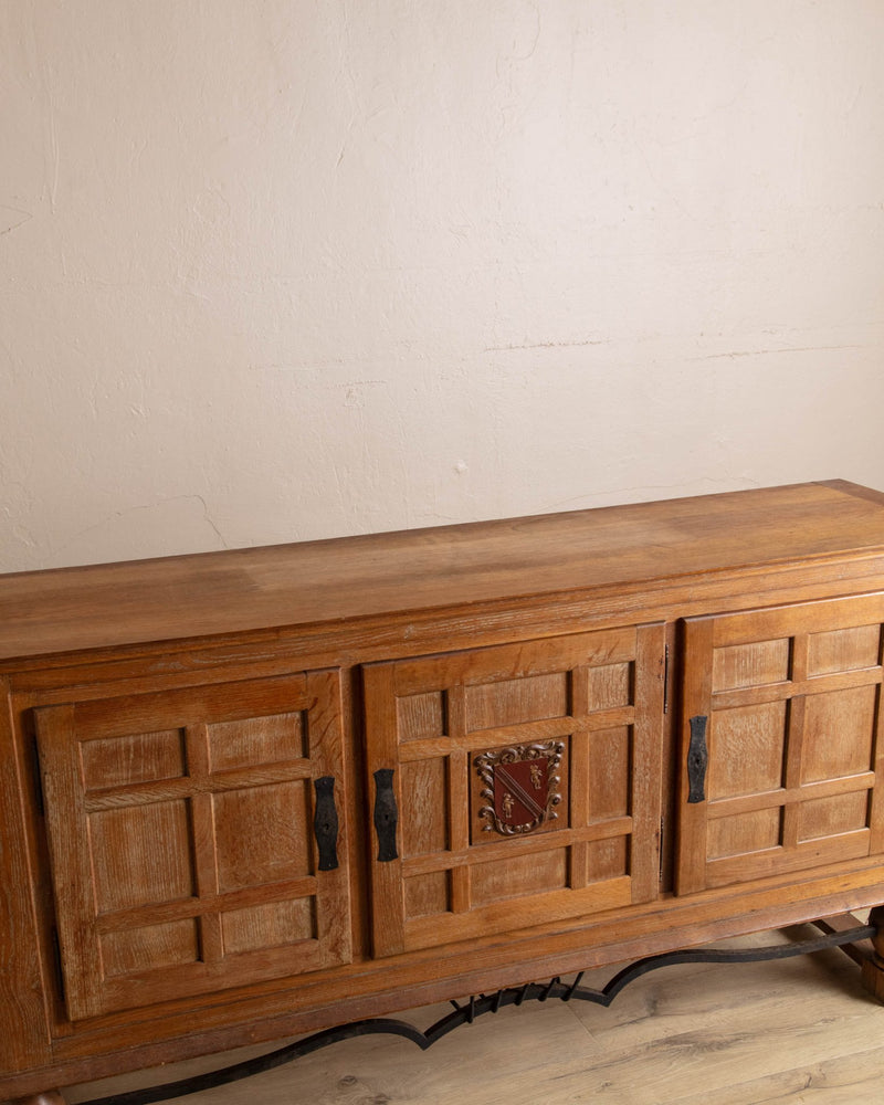 Cerused Oak Crest Sideboard w/ Iron Stretcher, France, 1940's - Lone Fox