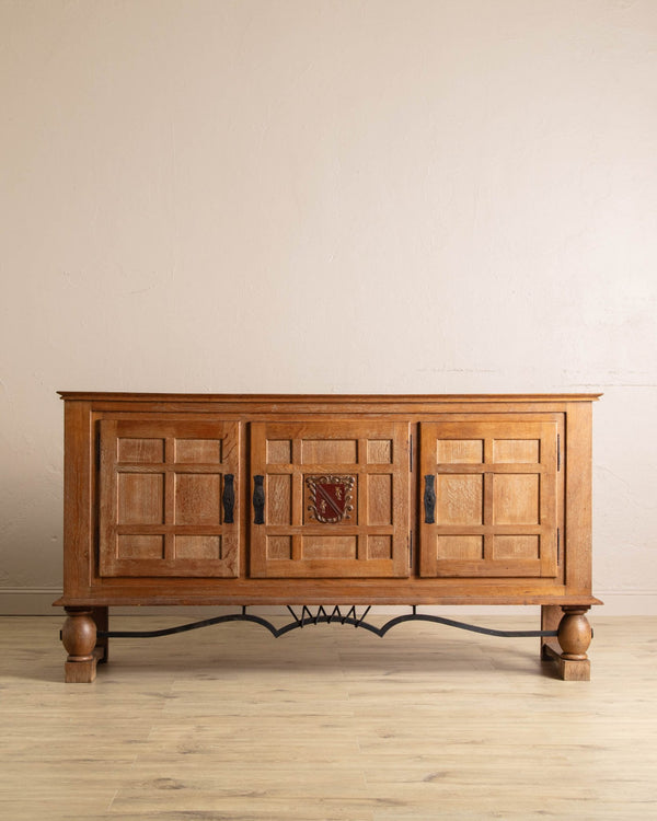 Cerused Oak Crest Sideboard w/ Iron Stretcher, France, 1940's - Lone Fox