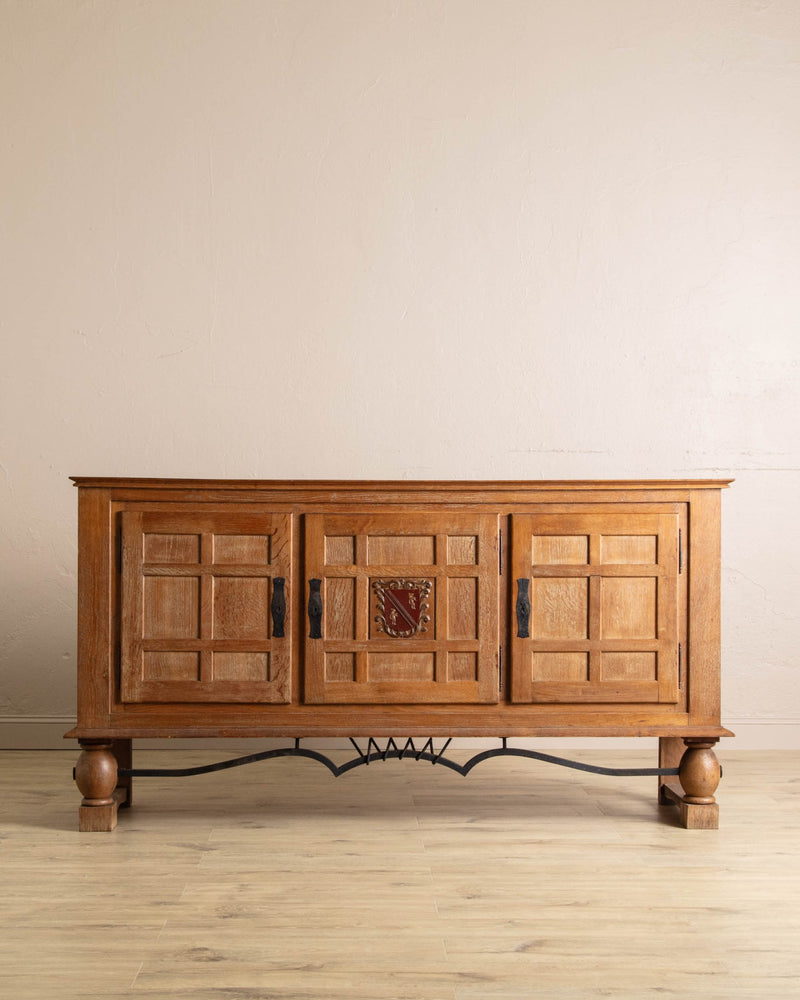 Cerused Oak Crest Sideboard w/ Iron Stretcher, France, 1940's - Lone Fox