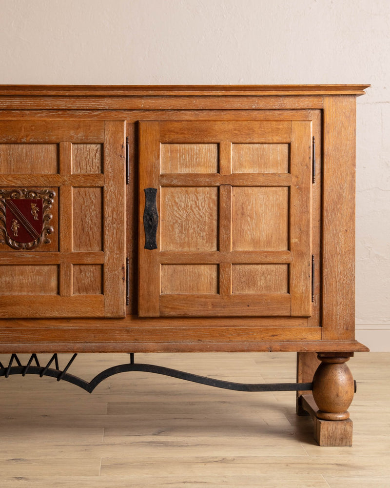 Cerused Oak Crest Sideboard w/ Iron Stretcher, France, 1940's - Lone Fox