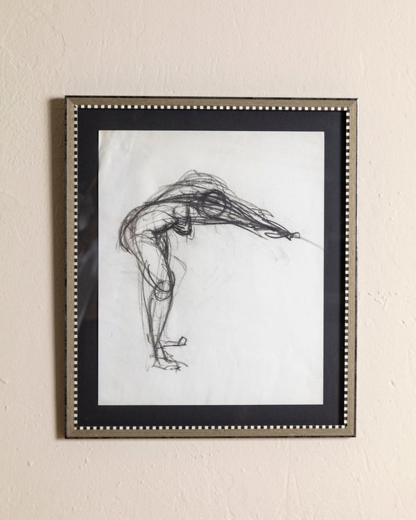 Charcoal Diver Sketch in Inlaid Wood Check Frame, 1960's - Lone Fox