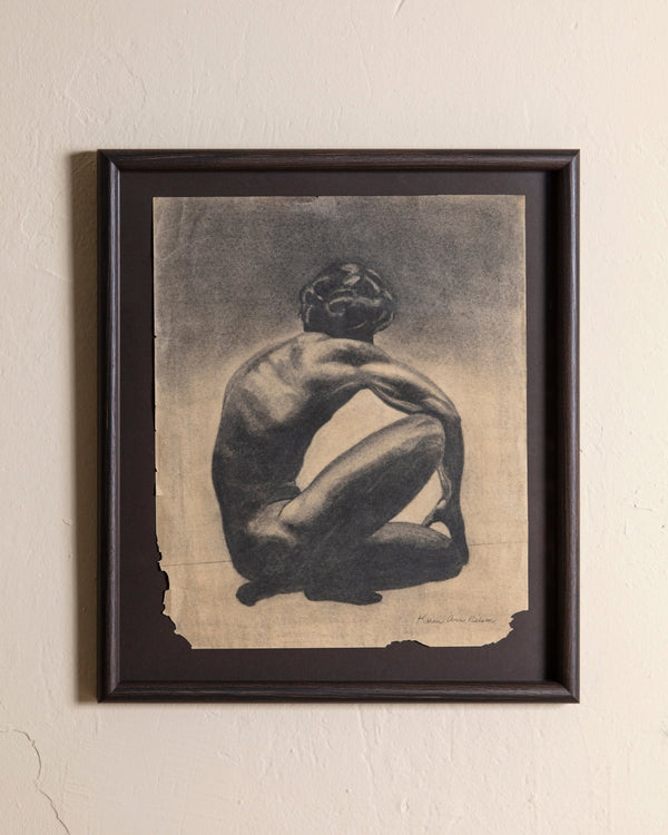 Charcoal Figure Drawing by Karen Ann Nelson in Dark Wood Frame, 1970's - Lone Fox