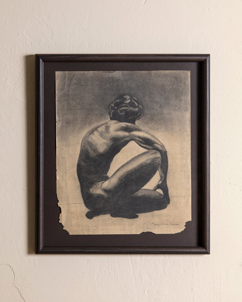 Charcoal Figure Drawing by Karen Ann Nelson in Dark Wood Frame, 1970's - Lone Fox