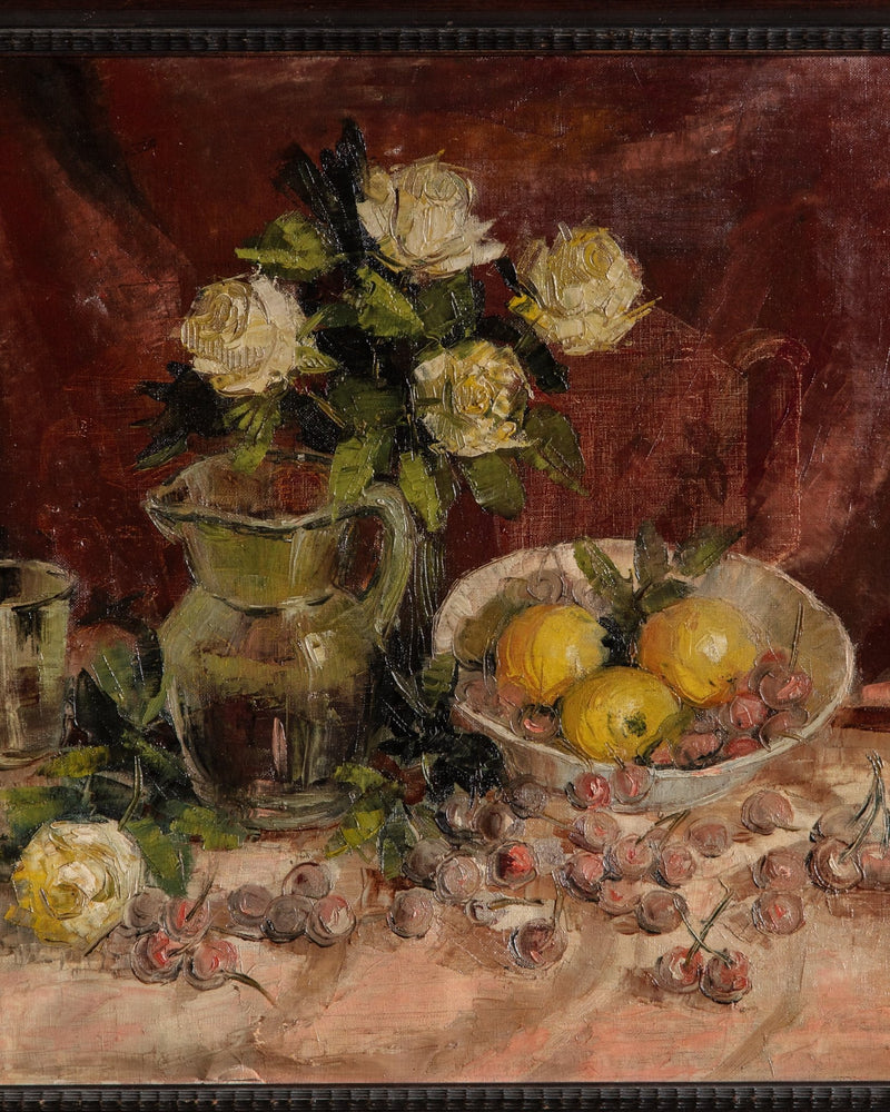Cherries & Lemons Still Life Impasto Oil Painting, France, 1950's - Lone Fox