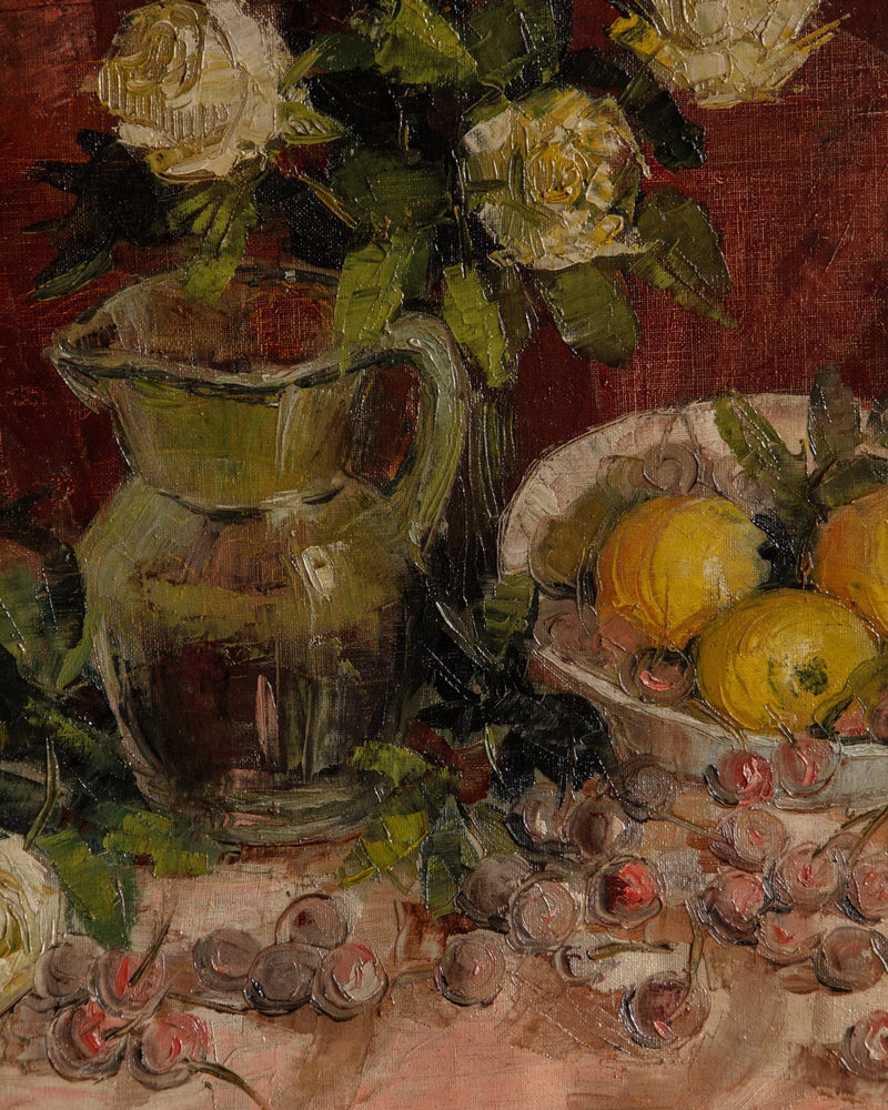 Cherries & Lemons Still Life Impasto Oil Painting, France, 1950's - Lone Fox