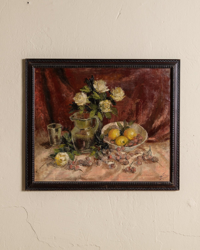 Cherries & Lemons Still Life Impasto Oil Painting, France, 1950's - Lone Fox