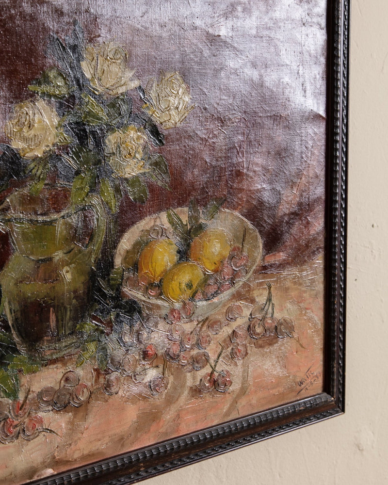 Cherries & Lemons Still Life Impasto Oil Painting, France, 1950's - Lone Fox