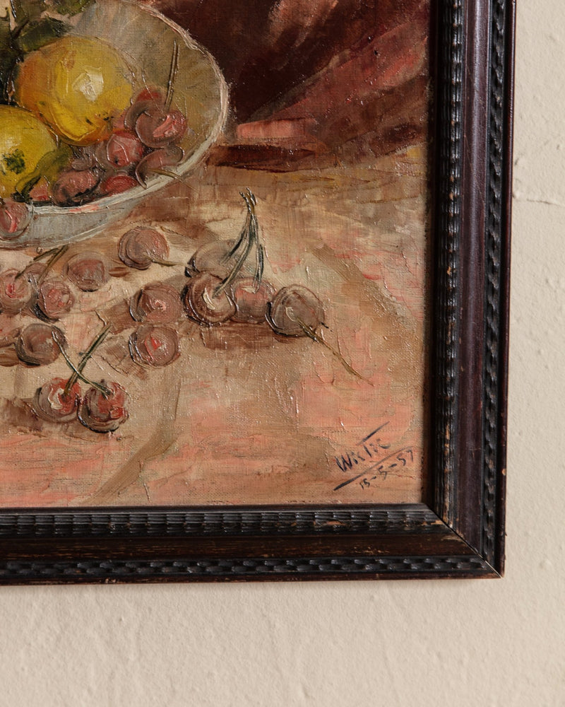 Cherries & Lemons Still Life Impasto Oil Painting, France, 1950's - Lone Fox