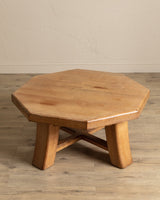 Chunky Brutalist Oak Octagonal Coffee Table w/ Slab Top, France, 1960's - Lone Fox
