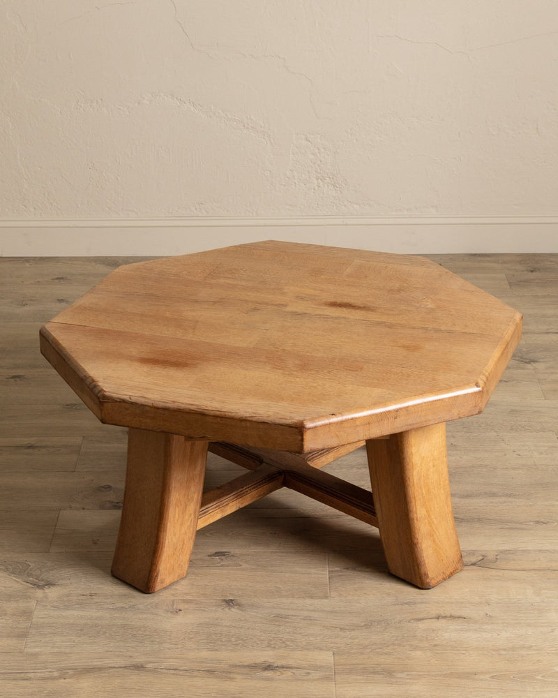 Chunky Brutalist Oak Octagonal Coffee Table w/ Slab Top, France, 1960's - Lone Fox