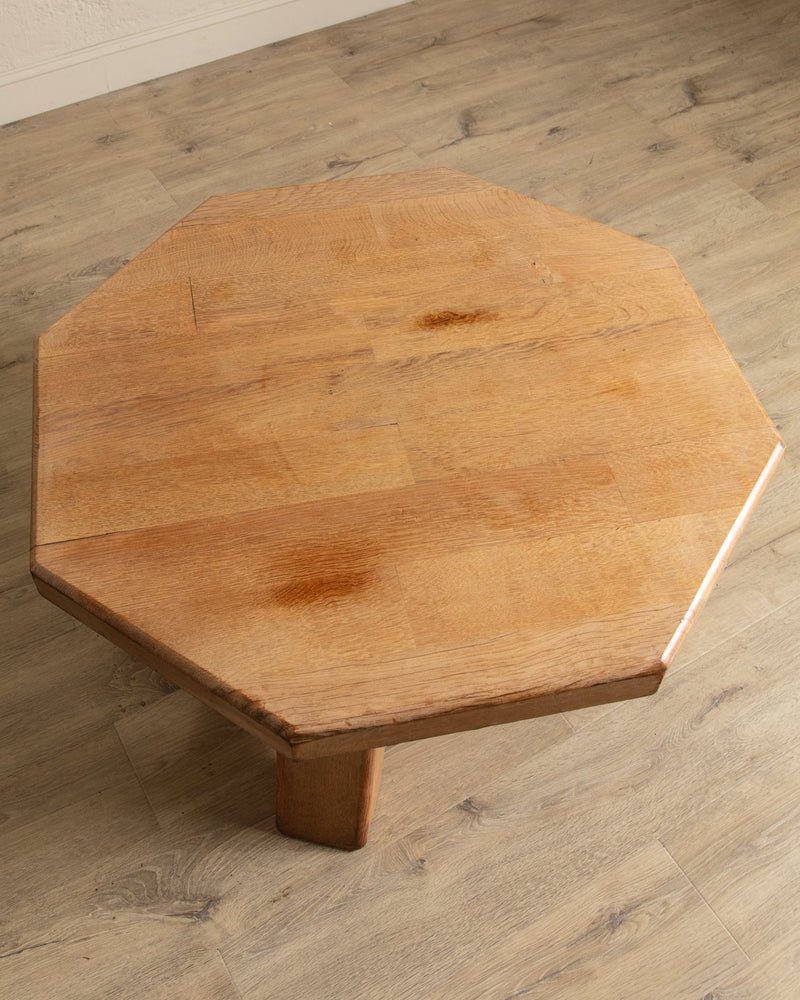 Chunky Brutalist Oak Octagonal Coffee Table w/ Slab Top, France, 1960's - Lone Fox