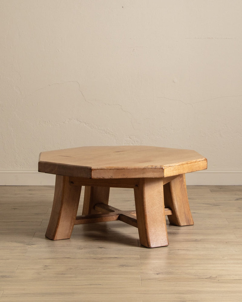 Chunky Brutalist Oak Octagonal Coffee Table w/ Slab Top, France, 1960's - Lone Fox