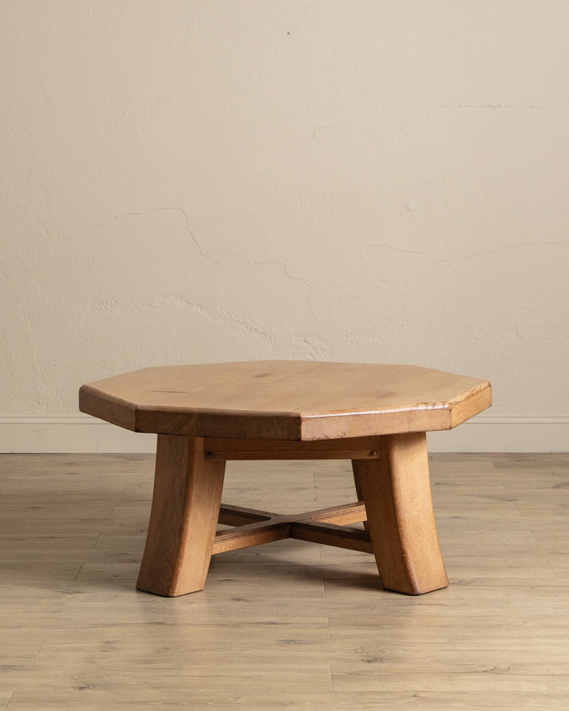 Chunky Brutalist Oak Octagonal Coffee Table w/ Slab Top, France, 1960's - Lone Fox