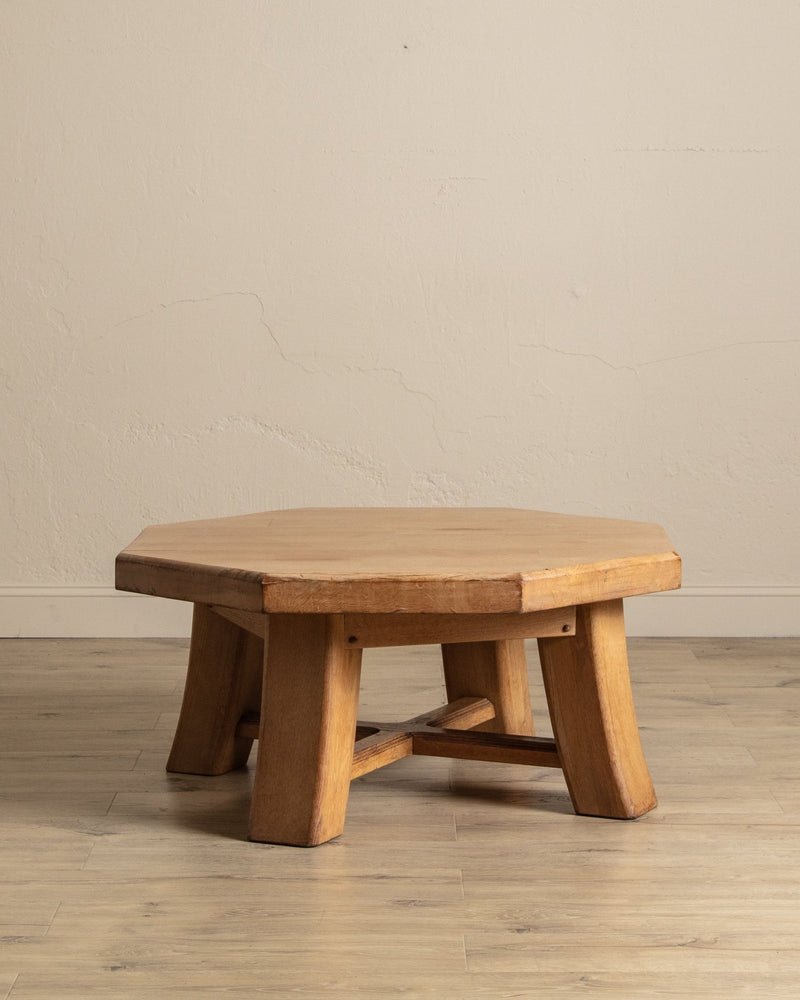 Chunky Brutalist Oak Octagonal Coffee Table w/ Slab Top, France, 1960's - Lone Fox