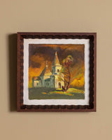Church at Dusk Oil Painting in Beveled Frame, Ukraine, 1970's - Lone Fox