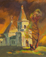 Church at Dusk Oil Painting in Beveled Frame, Ukraine, 1970's - Lone Fox
