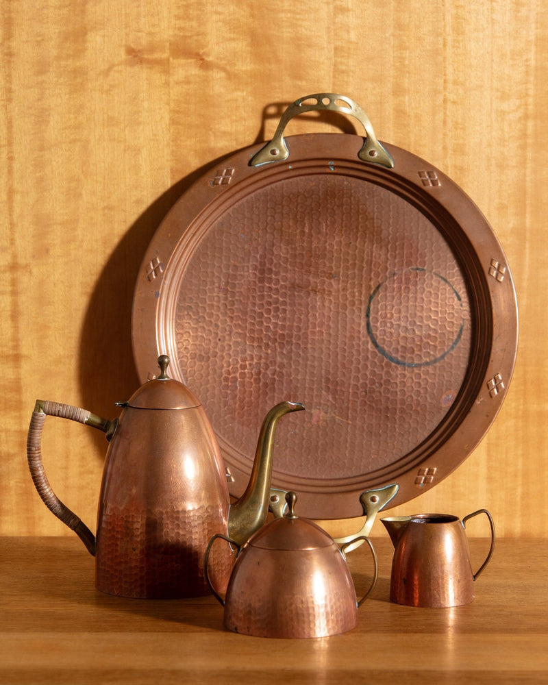 Copper & Brass Coffee Service w/ Rattan Handle, Swedish, 1950's - Lone Fox