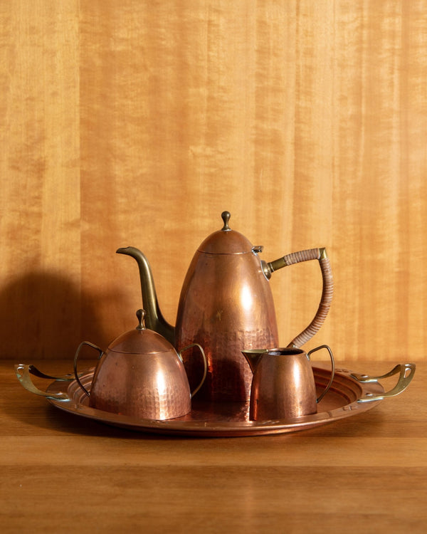 Copper & Brass Coffee Service w/ Rattan Handle, Swedish, 1950's - Lone Fox
