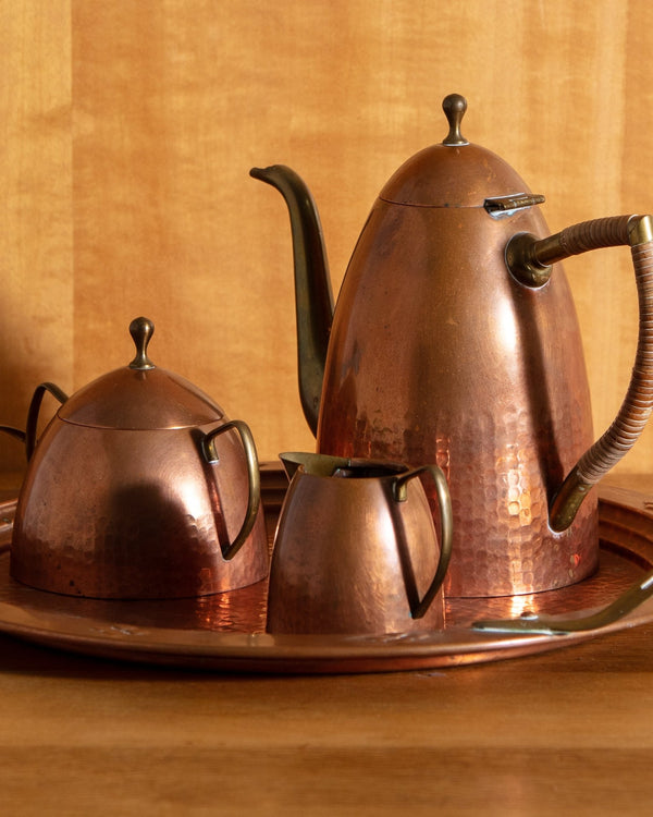 Copper & Brass Coffee Service w/ Rattan Handle, Swedish, 1950's - Lone Fox
