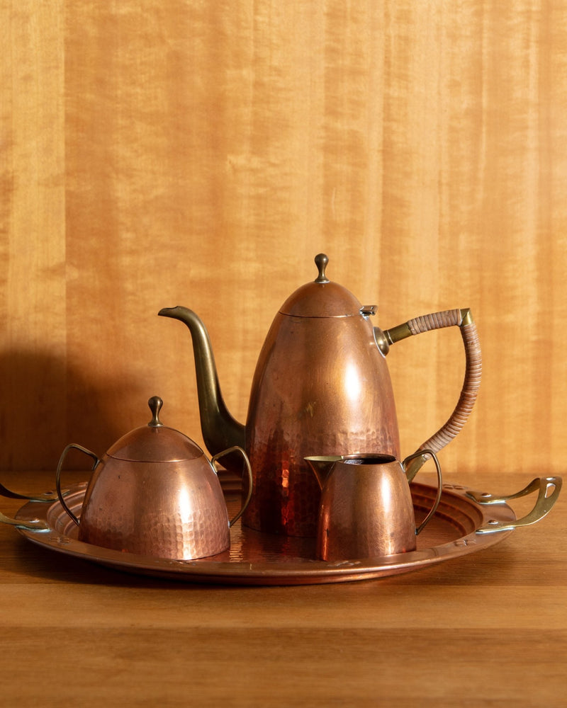 Copper & Brass Coffee Service w/ Rattan Handle, Swedish, 1950's - Lone Fox