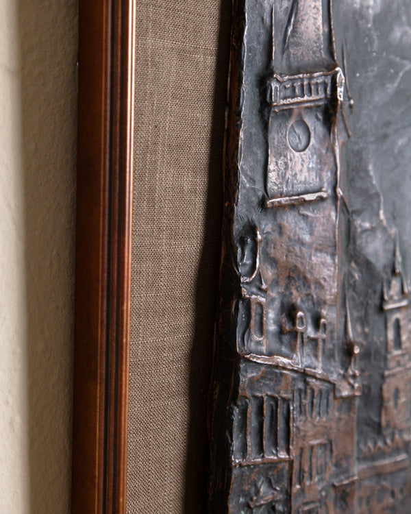 Copper Mounted Cityscape Repoussé mounted on Mink Linen, 1960's - Lone Fox