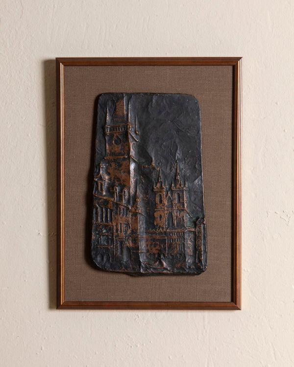 Copper Mounted Cityscape Repoussé mounted on Mink Linen, 1960's - Lone Fox