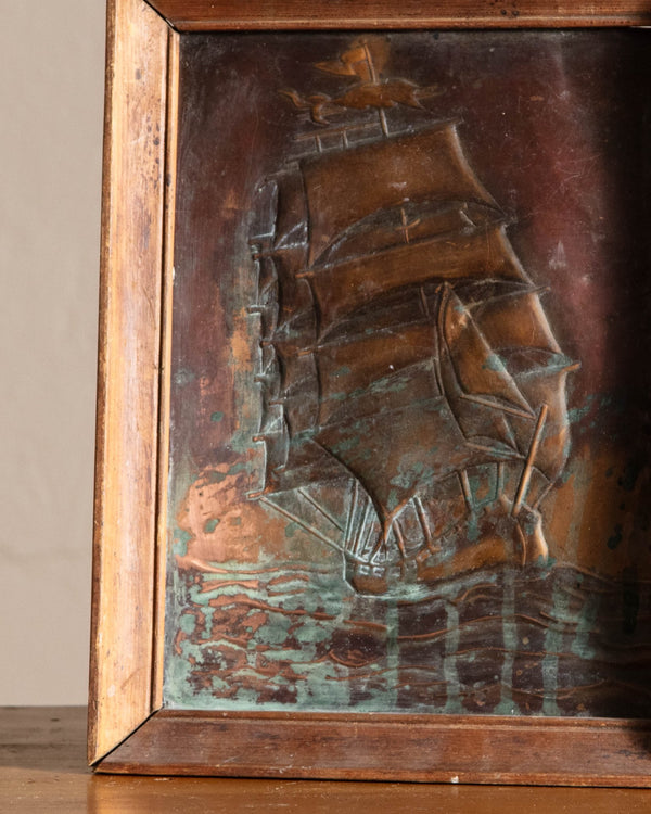 Copper Ship Art in Wood Frame - Lone Fox