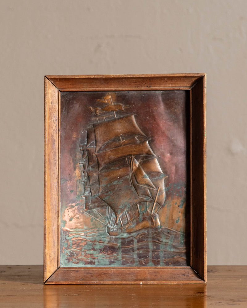 Copper Ship Art in Wood Frame - Lone Fox