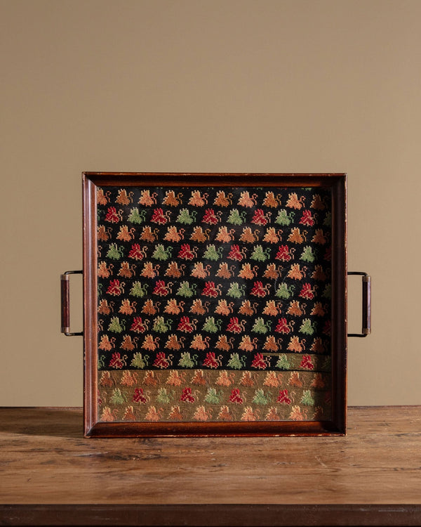 Cross Stitch Maple Leaf Serving Tray, Glass & Wood, 1970's - Lone Fox