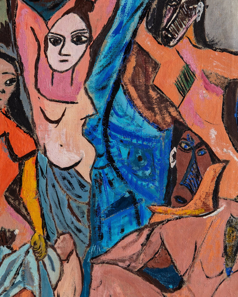 Cubist Abstract Figures Oil Painting, France, 1950's - Lone Fox