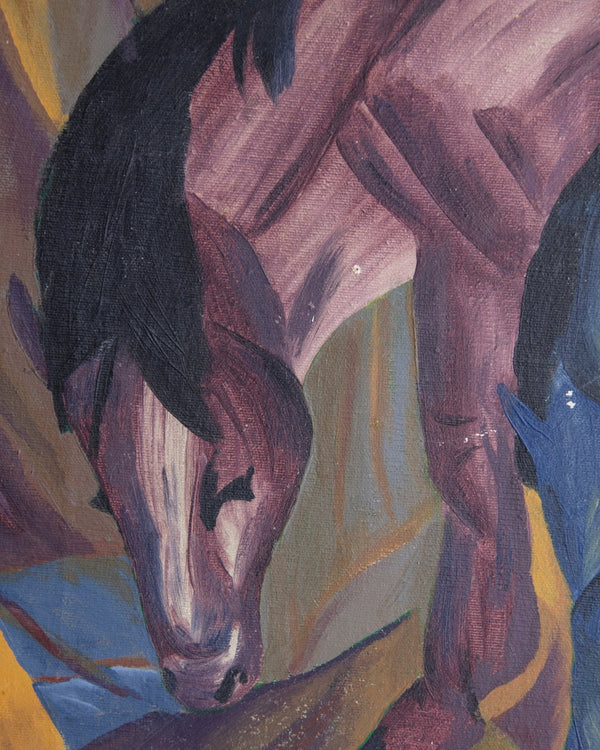 Cubist Style Horses Oil Painting in Black Scallop Frame, 1970's - Lone Fox