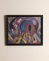 Cubist Style Horses Oil Painting in Black Scallop Frame, 1970's - Lone Fox