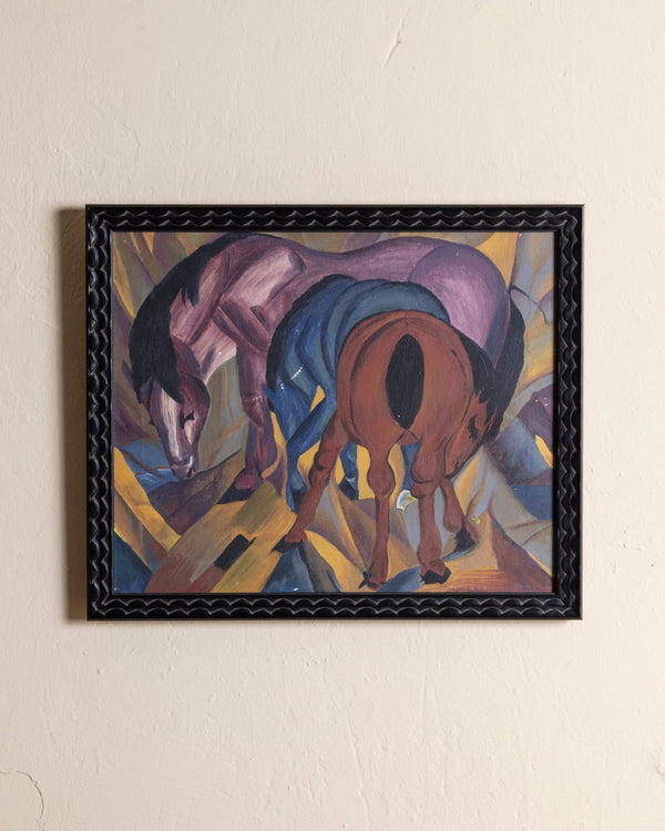 Cubist Style Horses Oil Painting in Black Scallop Frame, 1970's - Lone Fox