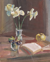 Daffodils Still Life Gouache Painting in Maroon Lacquered Frame - Lone Fox
