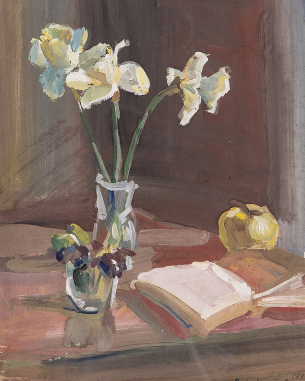 Daffodils Still Life Gouache Painting in Maroon Lacquered Frame - Lone Fox