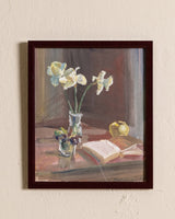 Daffodils Still Life Gouache Painting in Maroon Lacquered Frame - Lone Fox